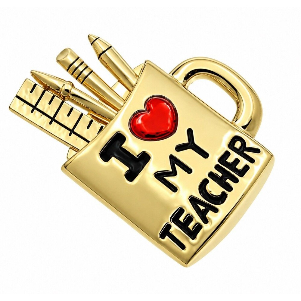 I Love My Teacher Mug Brooch Pin Gold Tone Enamel Red Heart School Gift